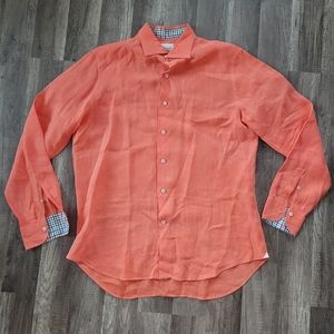 Giannetto Portofino Mens Large Long Sleeve 100% Linen Button Down Shirt Orange